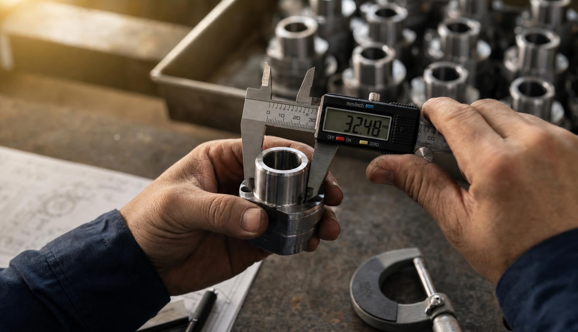 Dijital kumpasla ölçülen işlenmiş metal parça