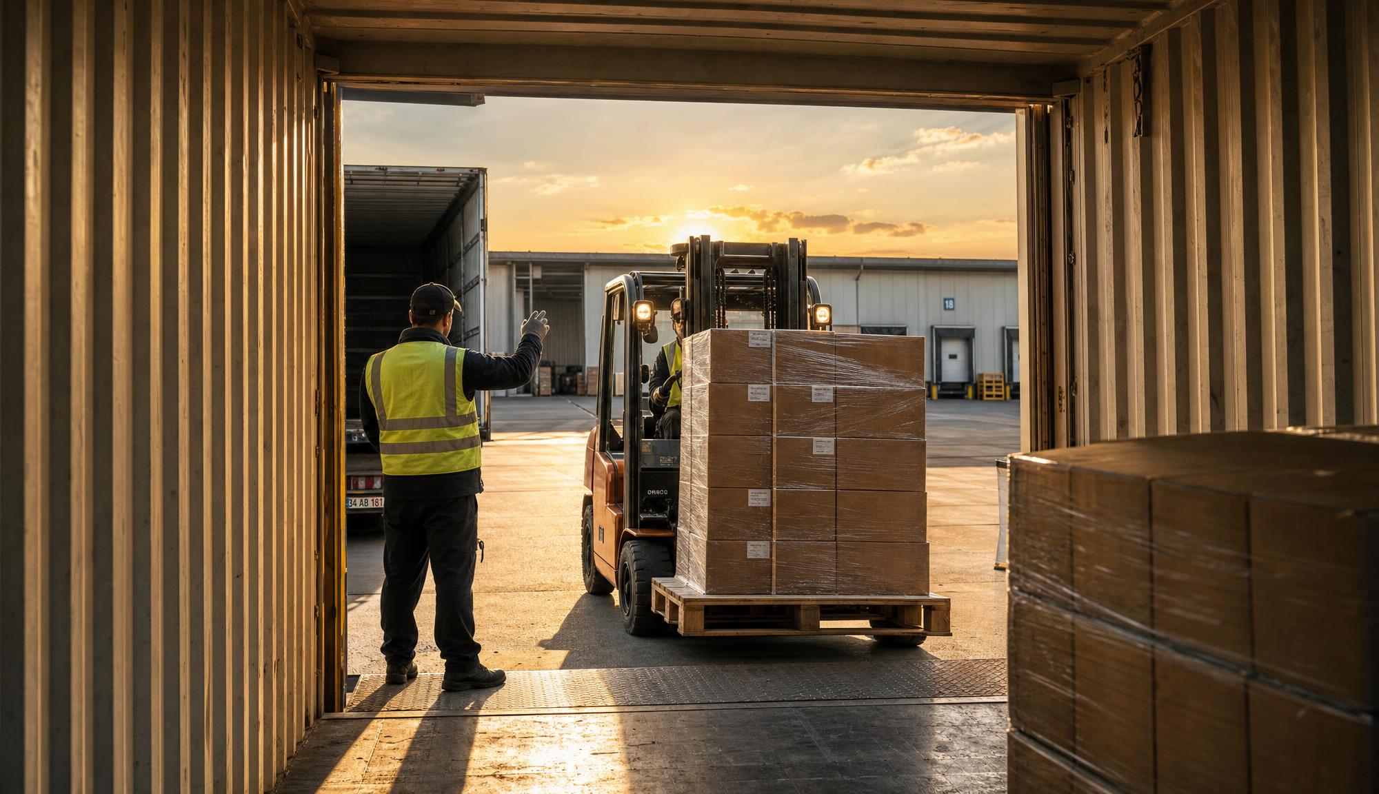Konteynere forkliftle yüklenen streçlenmiş koli paleti